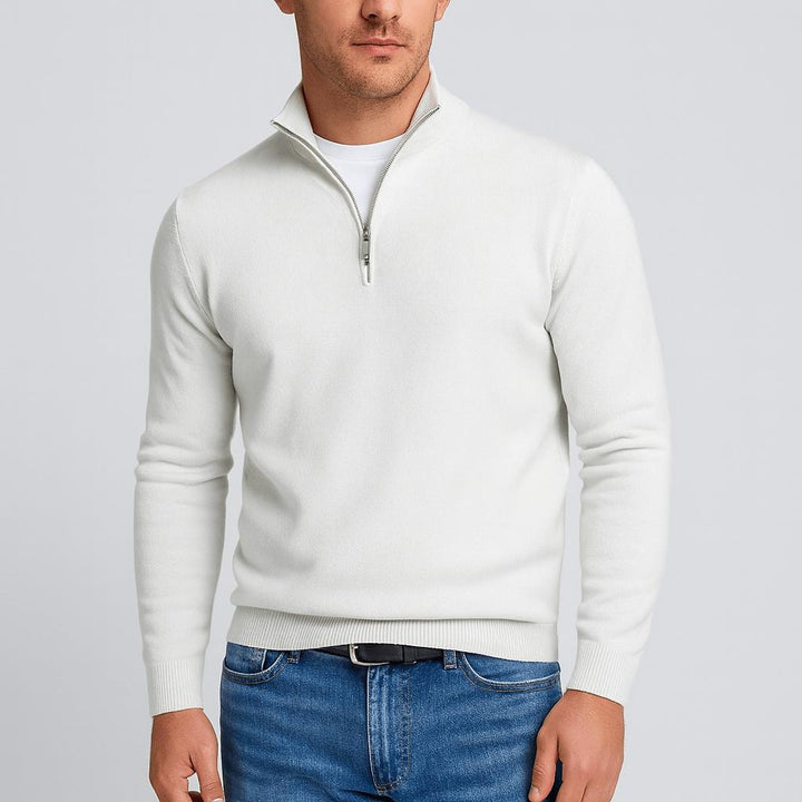 Men's beige Merino Wool V-Neck Sweater, another view on a model.