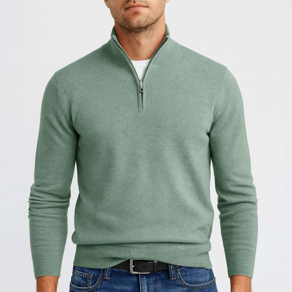 Men's beige Merino Wool V-Neck Sweater, detail.