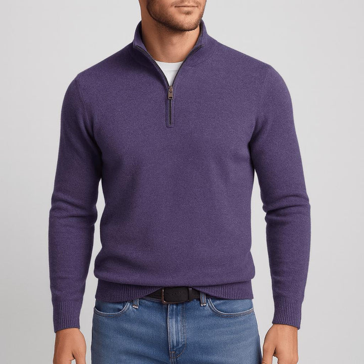 Men's beige Merino Wool V-Neck Sweater, detail.