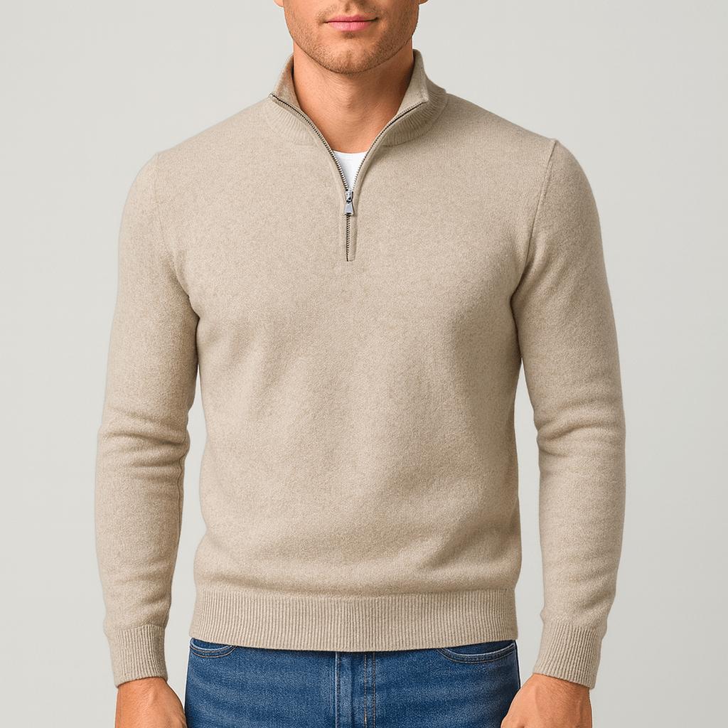 Men's beige Merino Wool V-Neck Sweater, another front view on a model.