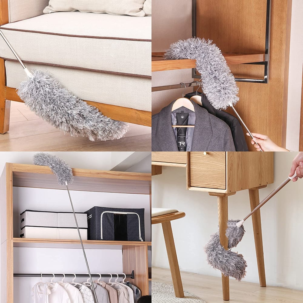 Four-panel collage of the gray duster bent to reach under a sofa, over a closet shelf, above hanging clothes and behind a desk leg. 2