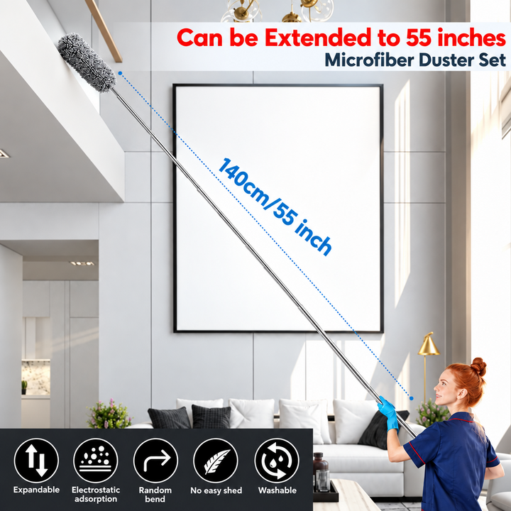 Woman in blue gloves reaches a high ledge in a tall living room with the fully extended pole, with a length callout and feature icons. 3