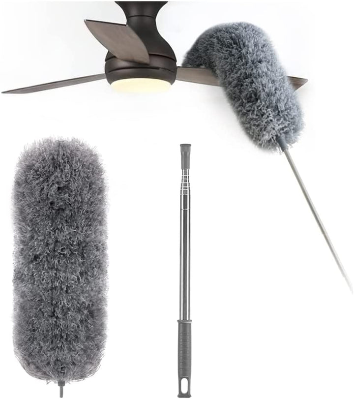 Gray duster head bent over a ceiling fan blade, with the separate fluffy head and the telescoping handle with gray grip shown below. 4