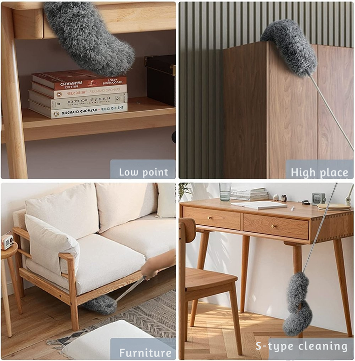 Four-panel collage of the duster cleaning a low shelf, the top of a tall cabinet, a sofa underside and bending in an S-curve beside a desk. 8