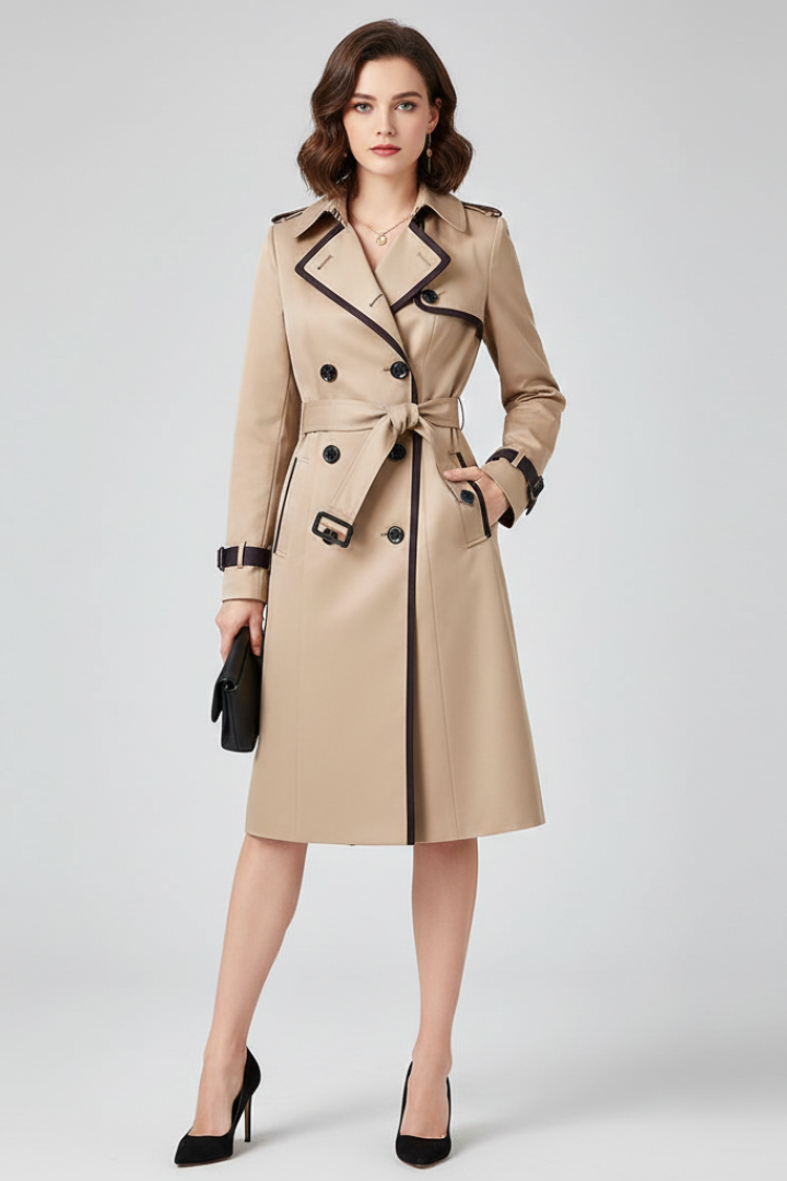 Model wearing the beige trench coat with dark piping, belt tied at the waist, one hand in a pocket, holding a black clutch. 2