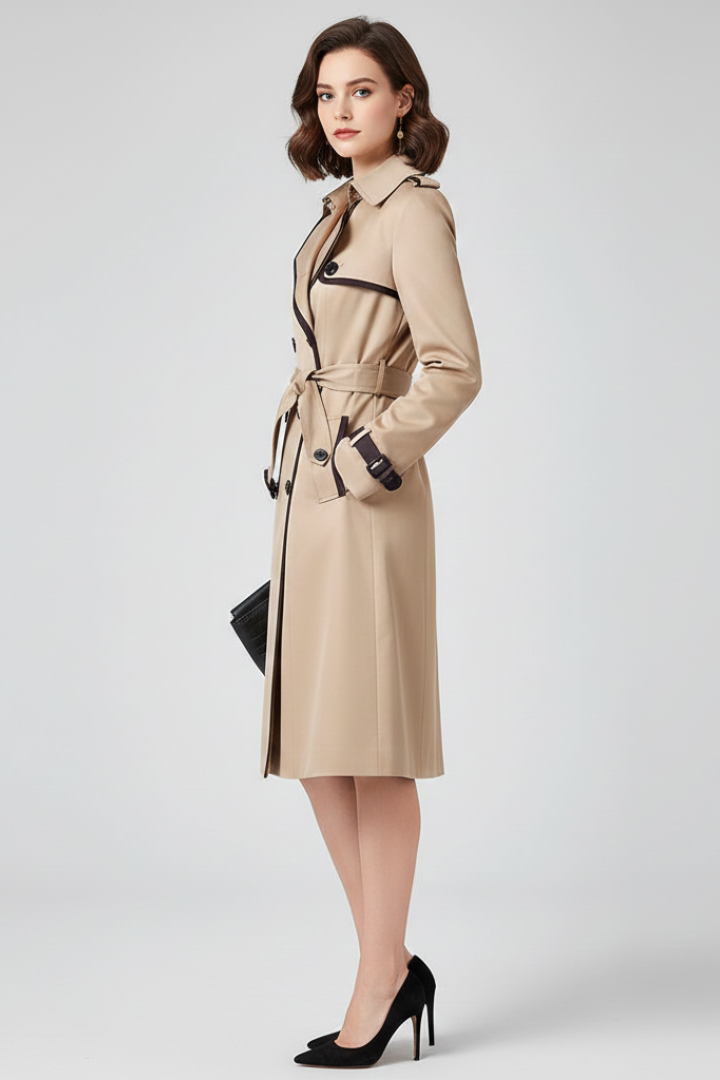 Side view of the beige trench coat on a model, showing the sleeve cuff strap, dark trim and belted waist. 3