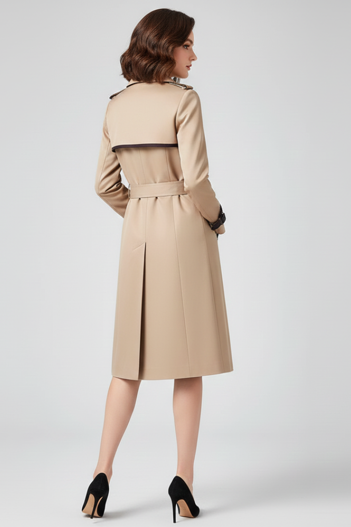 Back view of the beige trench coat on a model, showing the shoulder storm flap with dark trim and the center back vent. 4