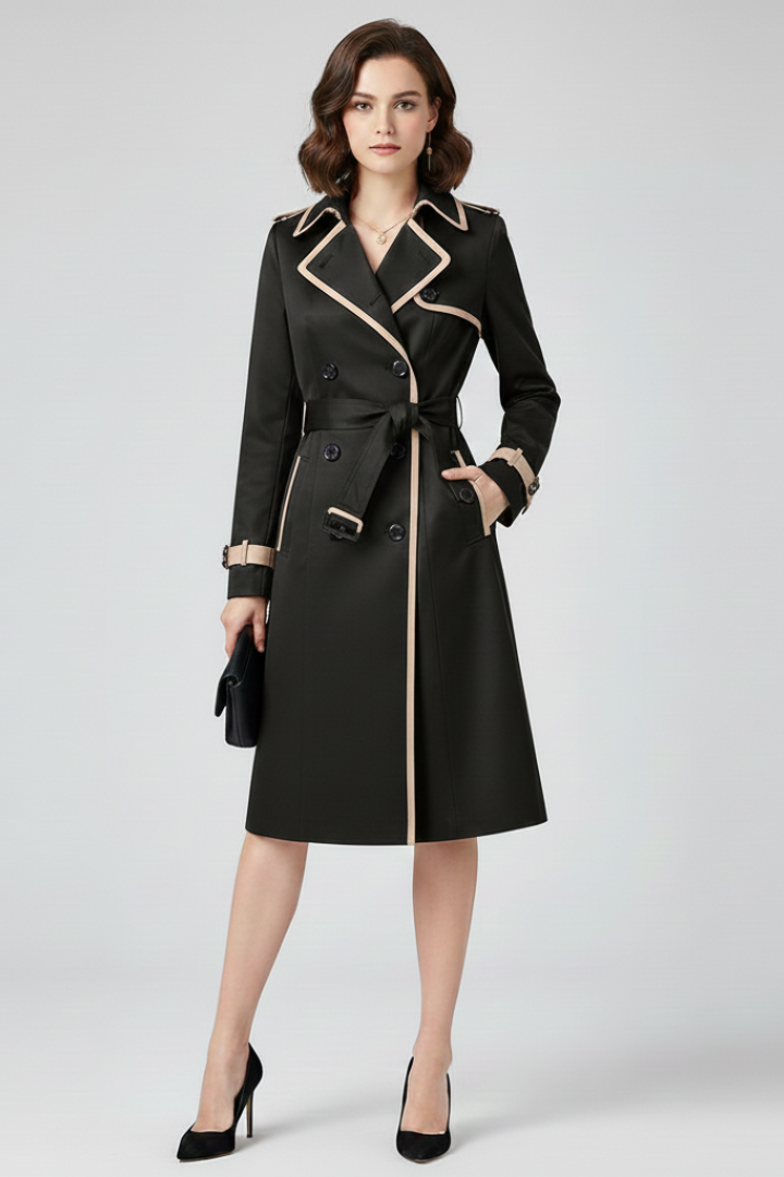Model wearing the black version of the trench coat with beige piping on lapels, cuffs and front edge, belt tied. 5