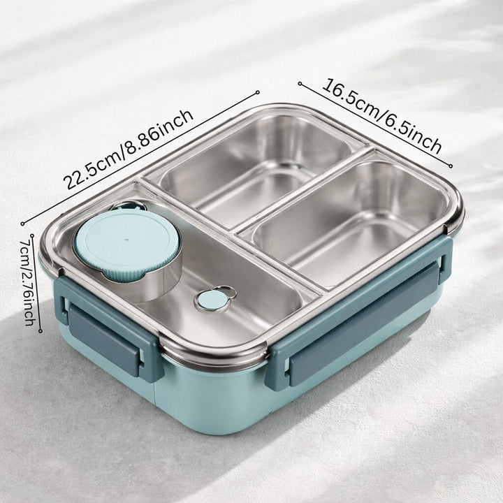 Empty mint container with three steel compartments and sauce cup, shown with dimension lines for length, width and height.