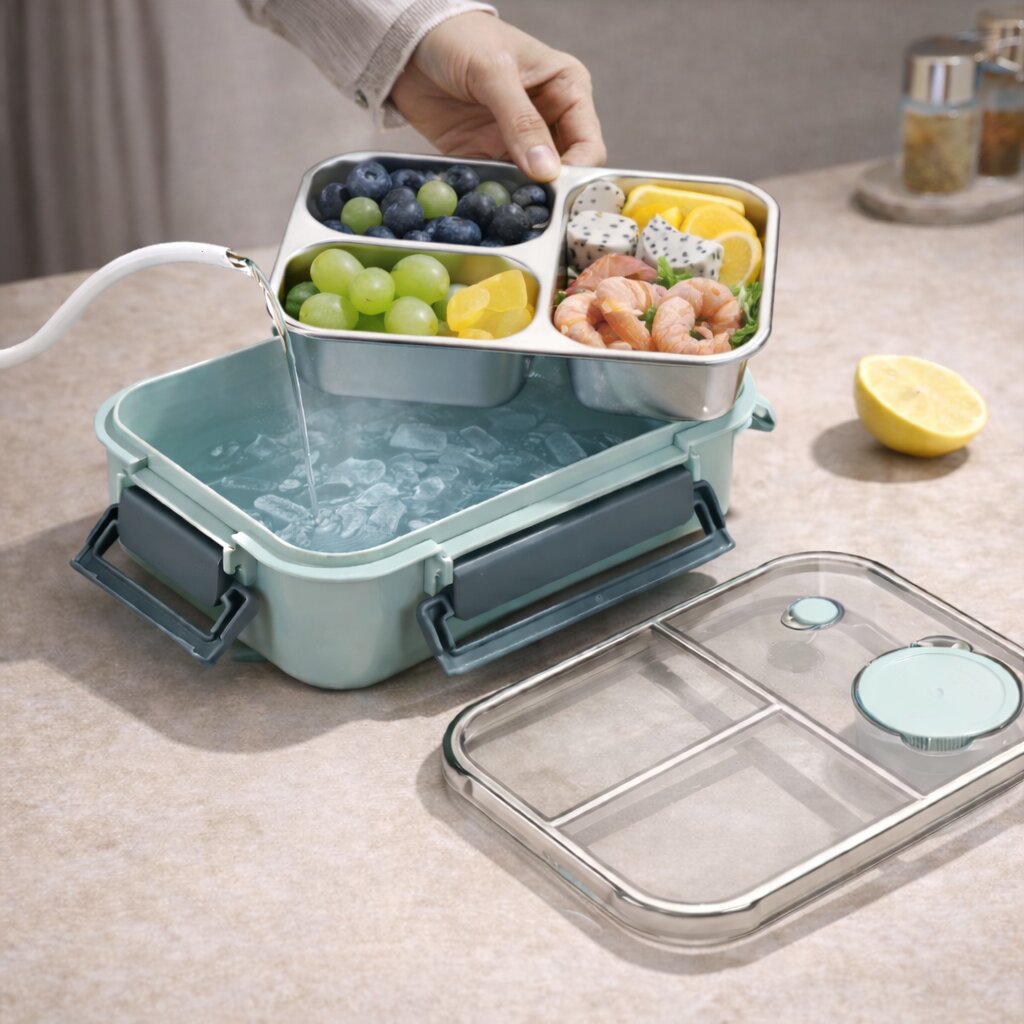 detail of the steel food tray, filled with berries, grapes and shrimp, out of a mint base holding ice water, lid beside it.