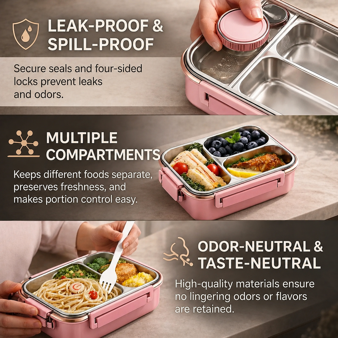 Three-panel collage of a pink container: hand opening the sauce cup, filled compartments with sandwiches and berries, and a person eating noodles.