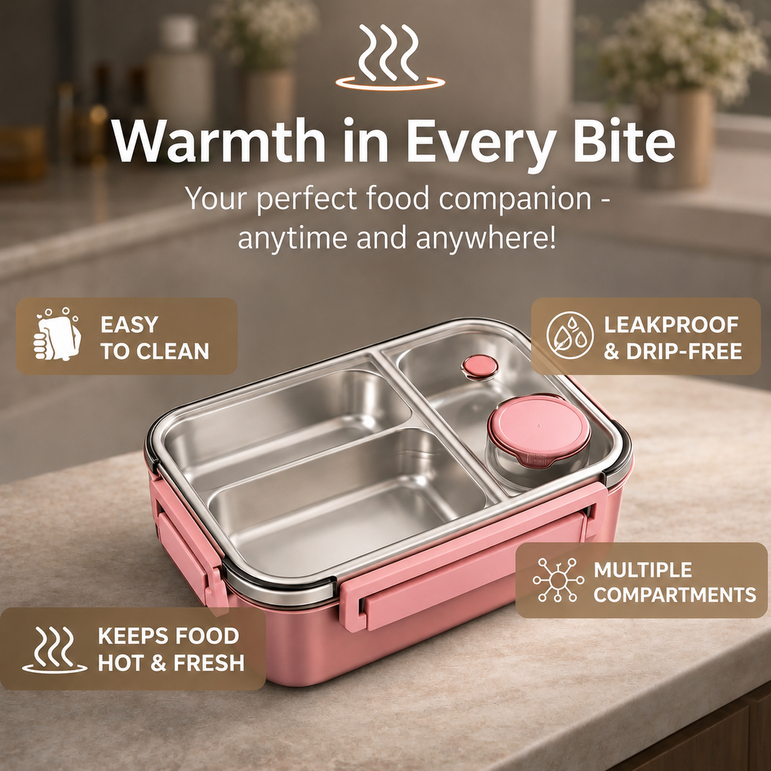Empty pink container with steel compartments and a small sauce cup on a stone countertop, shown with a row of feature icons.