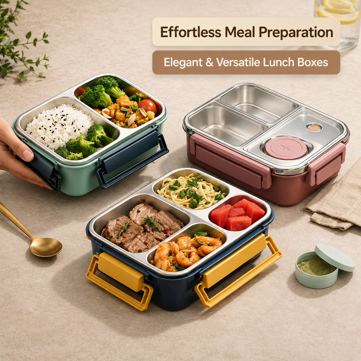 another view of green, burgundy and navy containers with colored latches on a beige surface, filled with rice, meat, shrimp, noodles and watermelon.