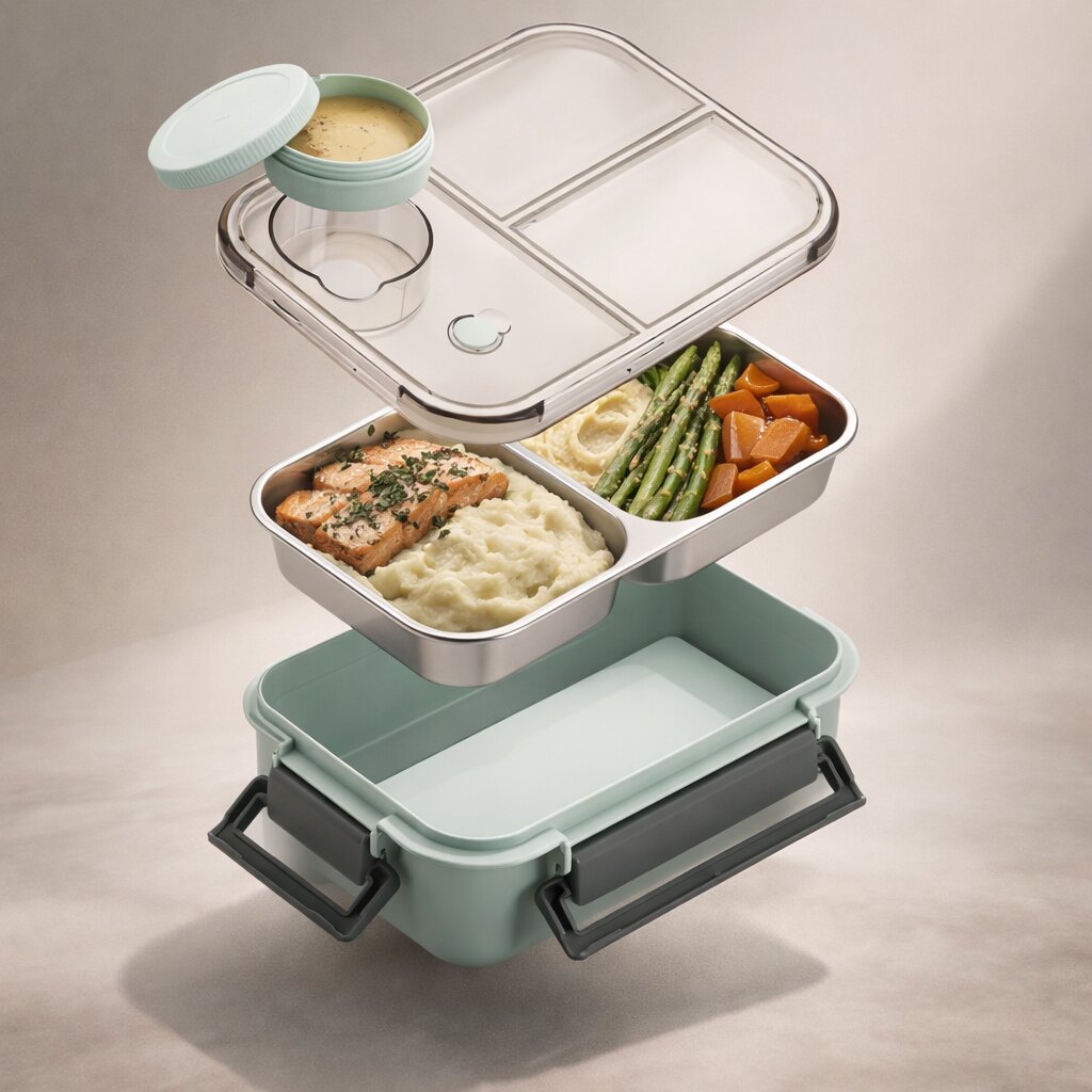 Exploded view of the mint container with a clear lid, sauce cup, steel tray and base.