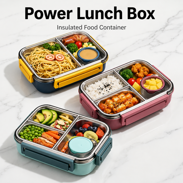 Three compartment lunch containers in blue, green and pink, each filled with noodles, rice, fruit and vegetables on a marble surface.