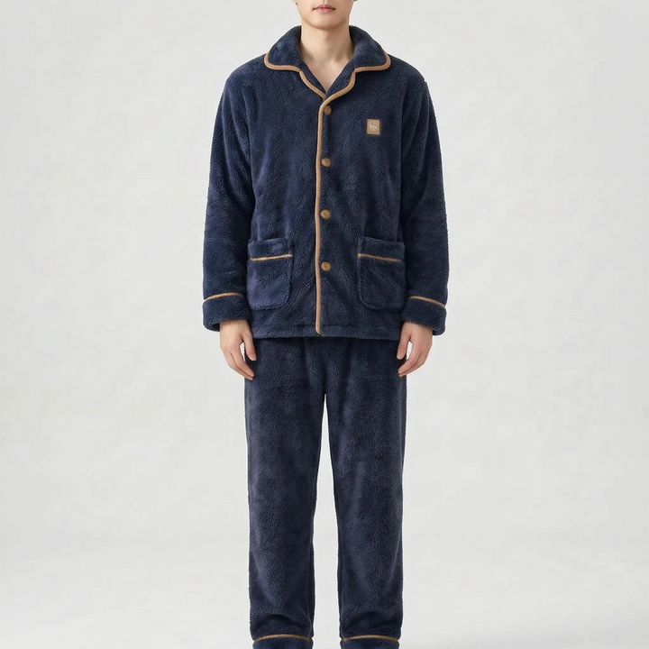 Model wearing the navy blue version of the fleece pajama set with tan piping and tan buttons. 7