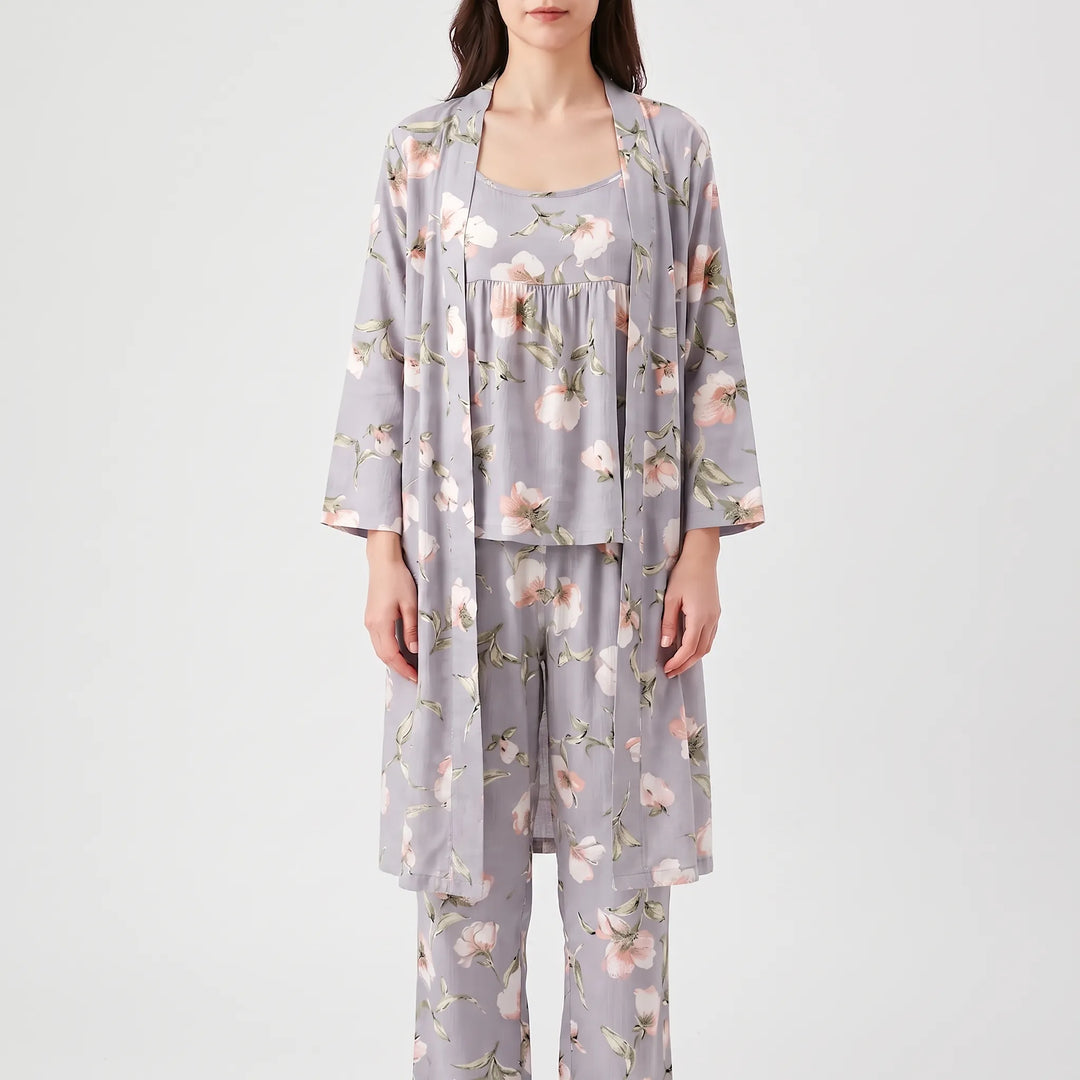 Front view of a model in the gray floral open robe over a gathered camisole and matching wide-leg pants. 2