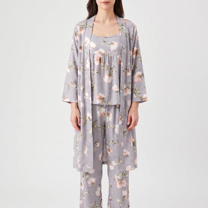 Front view of a model in the gray floral open robe over a gathered camisole and matching wide-leg pants. 2