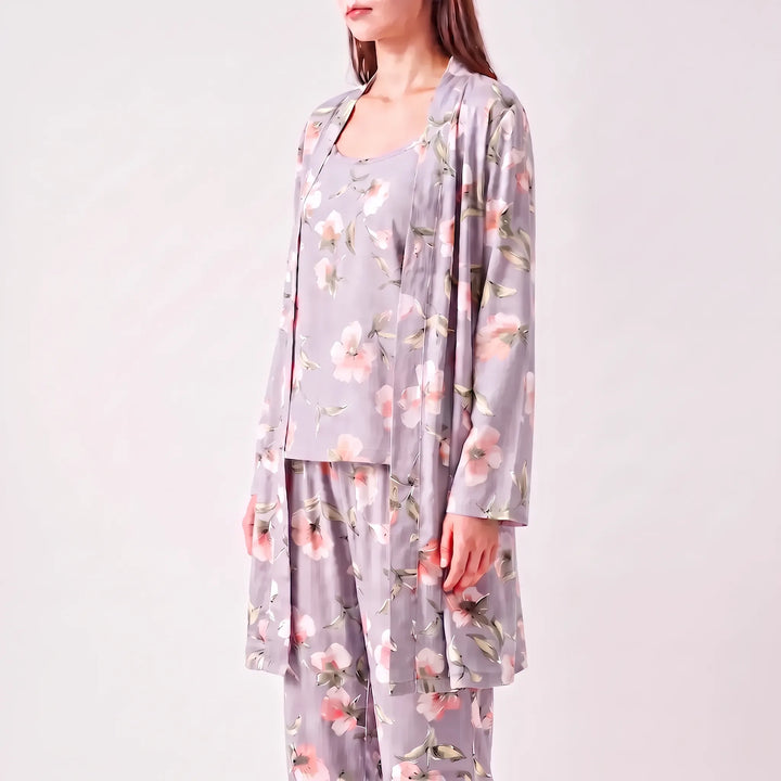 Three-quarter side view of the gray floral set, showing the long-sleeved robe over the camisole and pants. 4