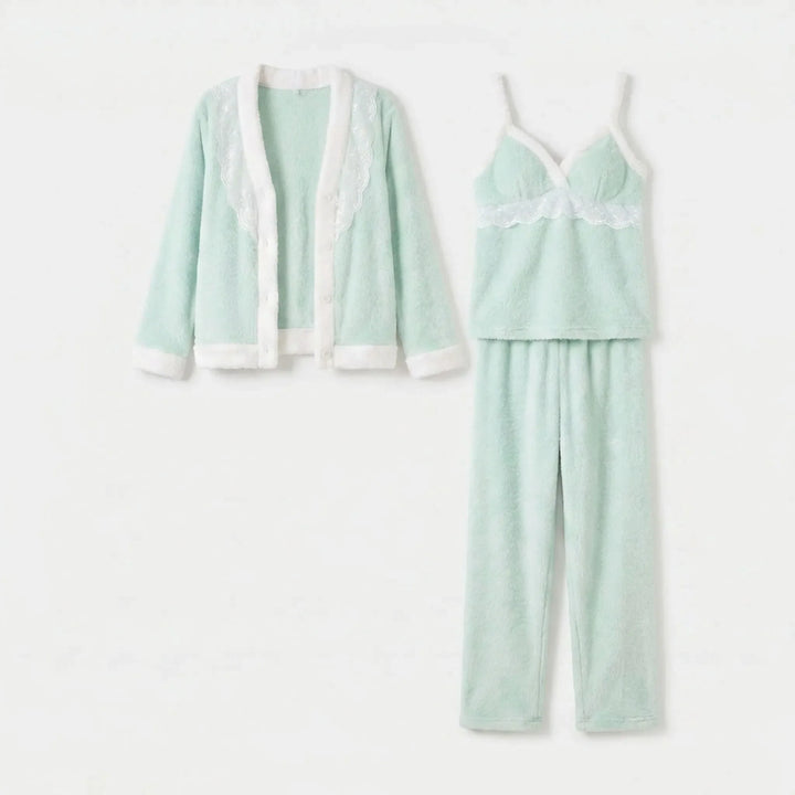 Flat lay of the three pieces: button-front cardigan with lace collar, camisole with lace band, and straight fleece pants. 6