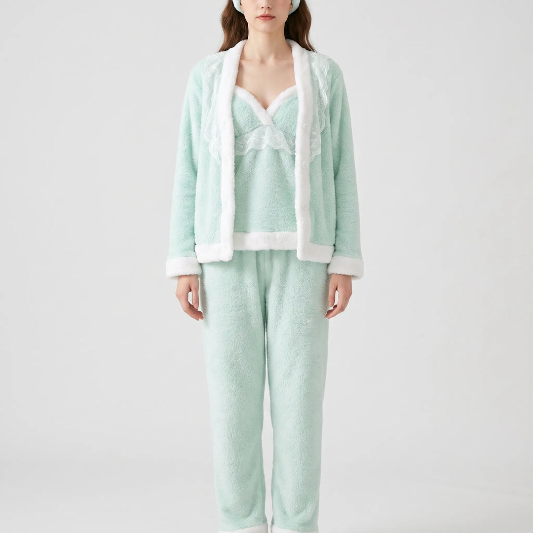 Full-length front view of a model in the mint set with headband, showing white fur cuffs and pant hems. 7