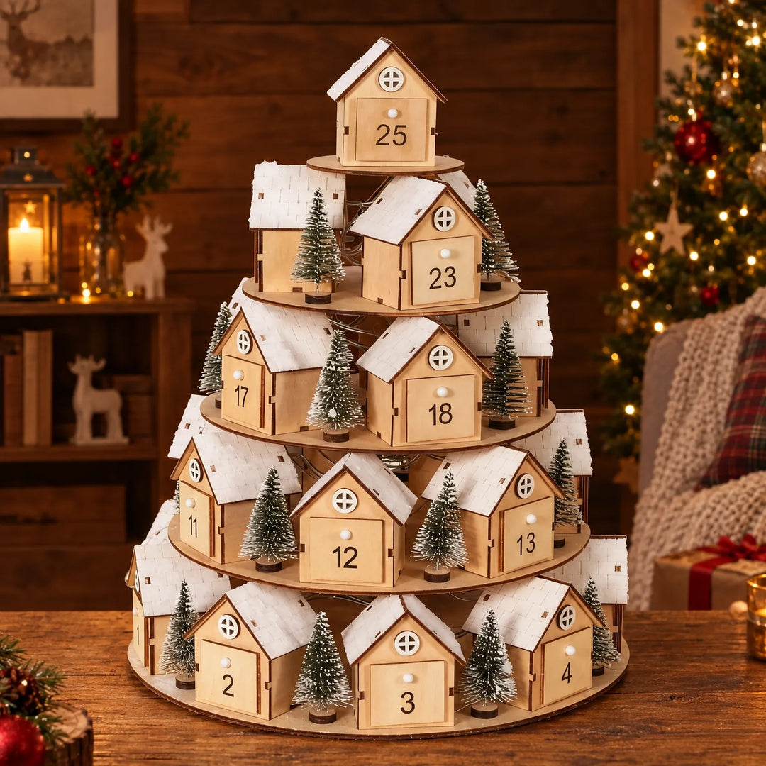 Tiered wooden village of snow-roofed numbered houses and mini frosted trees, styled on a rustic table beside a lit Christmas tree. 1