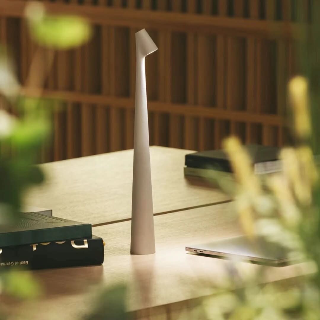 A single pale lamp glowing on a light wood desk with books and a laptop, framed by blurred green foliage. 13
