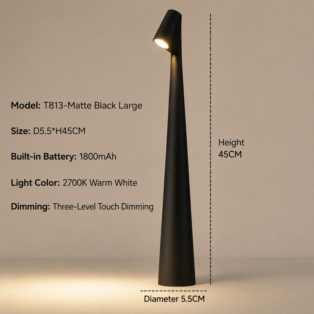 Lit matte black large lamp with dimension lines showing height and base diameter, plus a specification list for battery, light color and dimming. 18