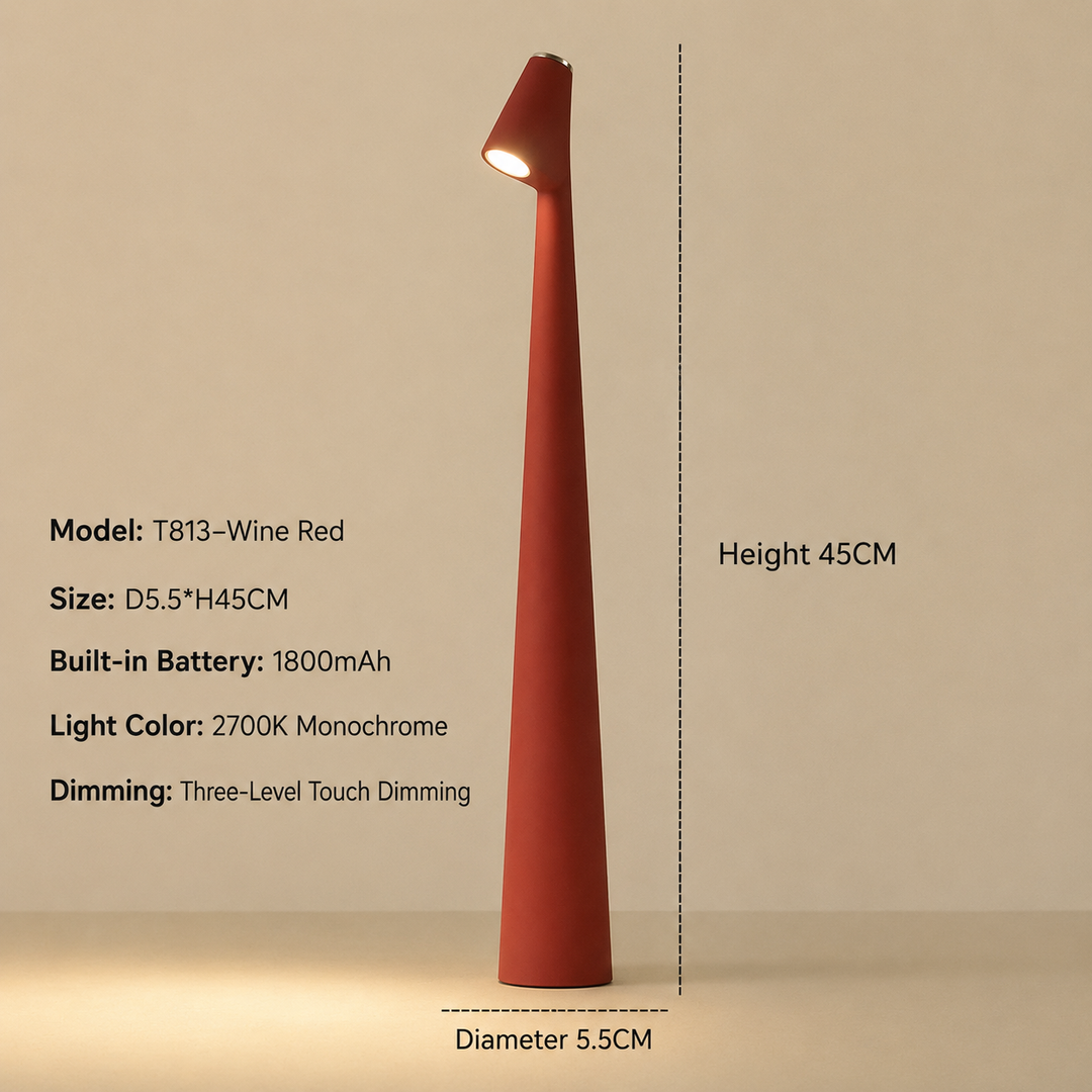 Lit wine red lamp with height and diameter dimension lines and a specification list covering size, battery, light color and dimming. 19