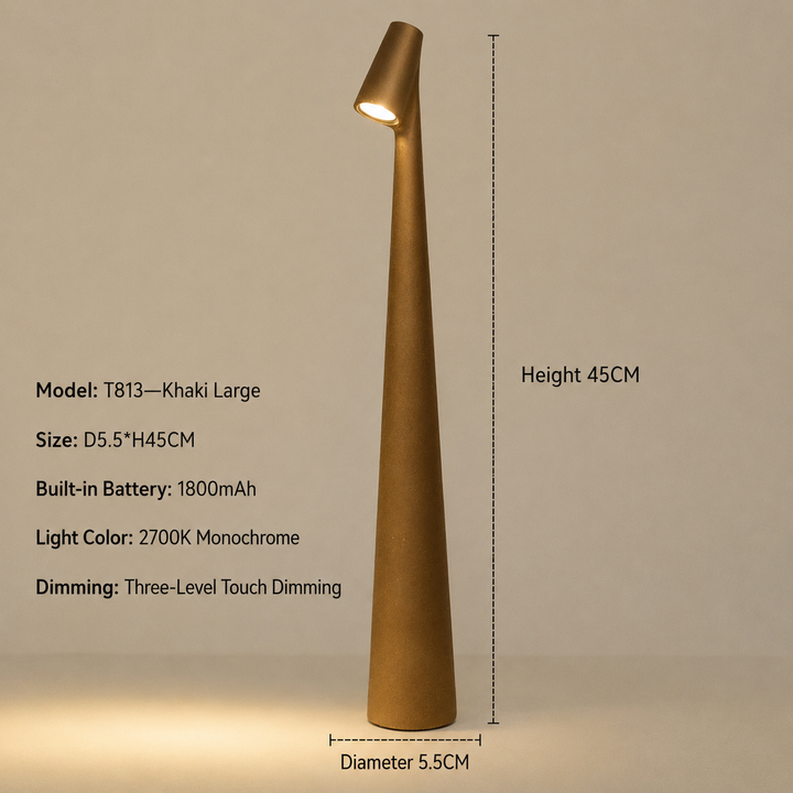 Lit khaki-colored large lamp with height and diameter dimension lines and a specification list covering size, battery, light color and dimming. 20