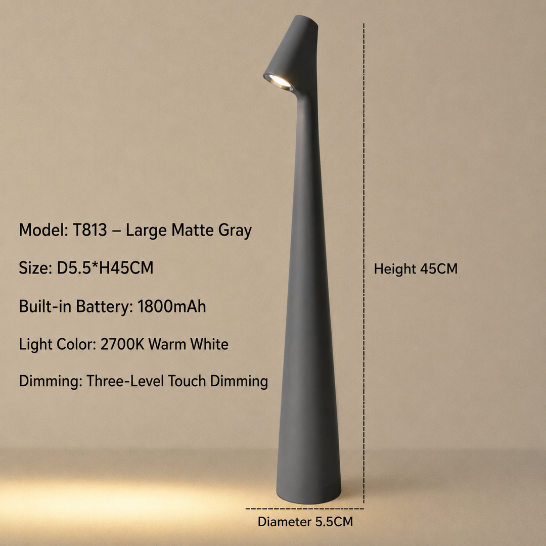 Tall, slim cone-shaped lamp in matte gray with its light glowing, shown with a size diagram and specification list beside it. 21