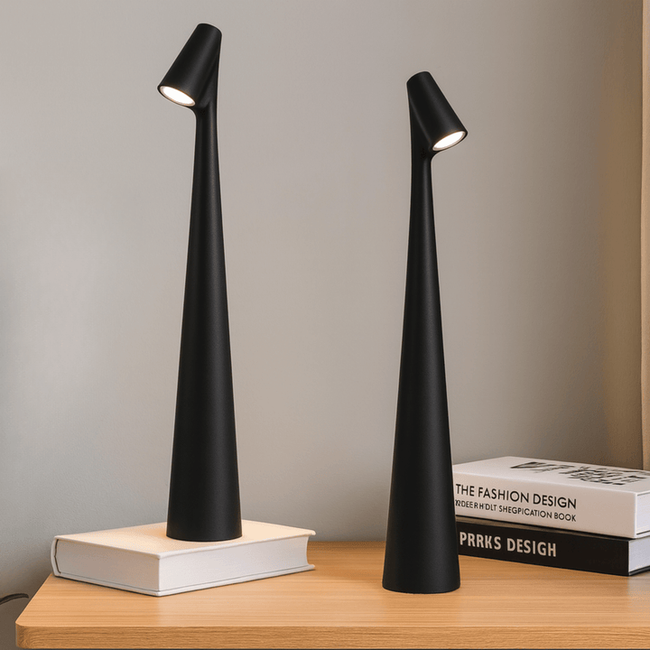 Two red cordless table lamps lit on a wooden shelf in another view.