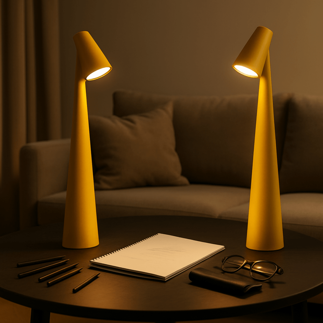 Two red cordless table lamps glowing on a dark round table with a notebook, pencils and eyeglasses.