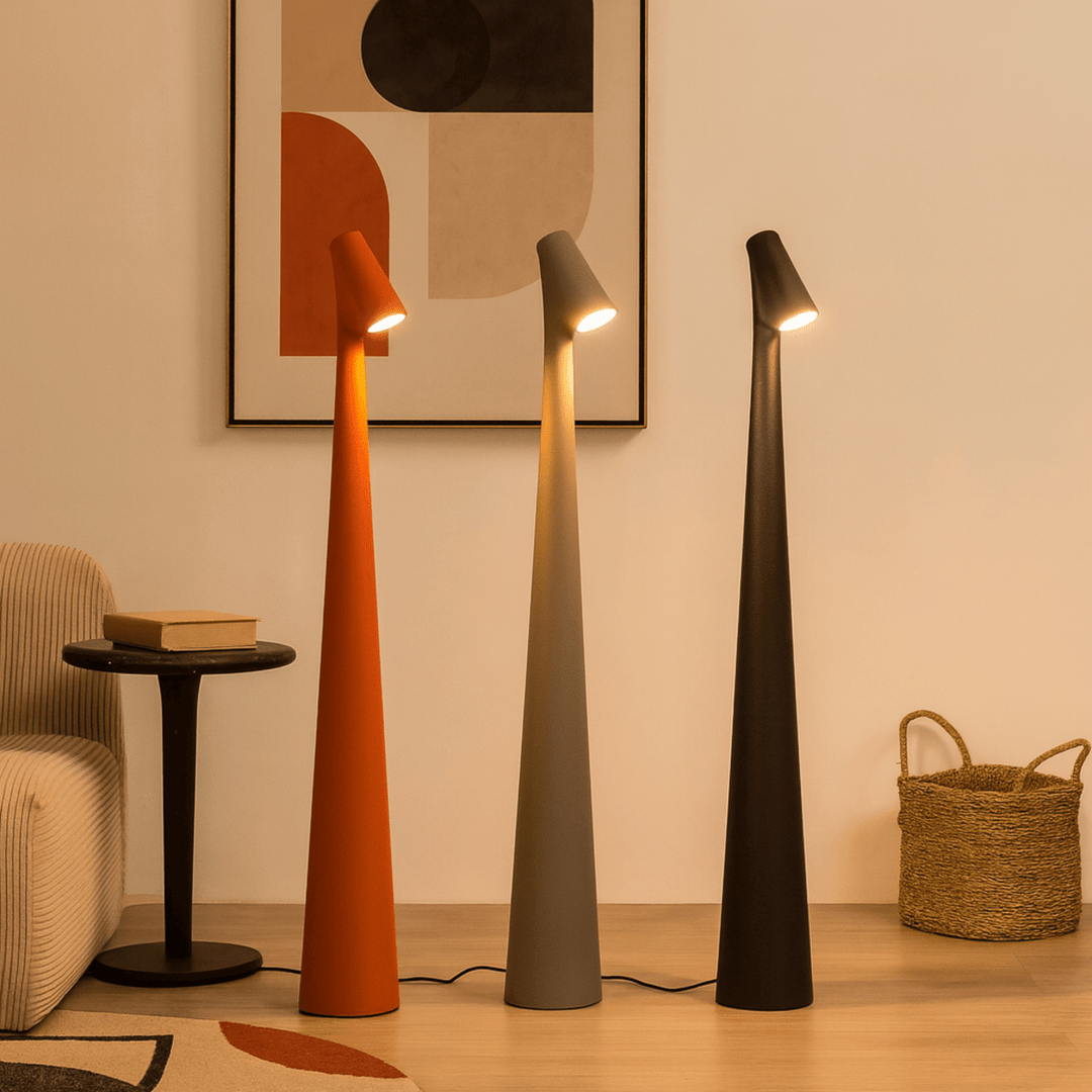 Red cordless table lamps standing on a wood floor in another view.