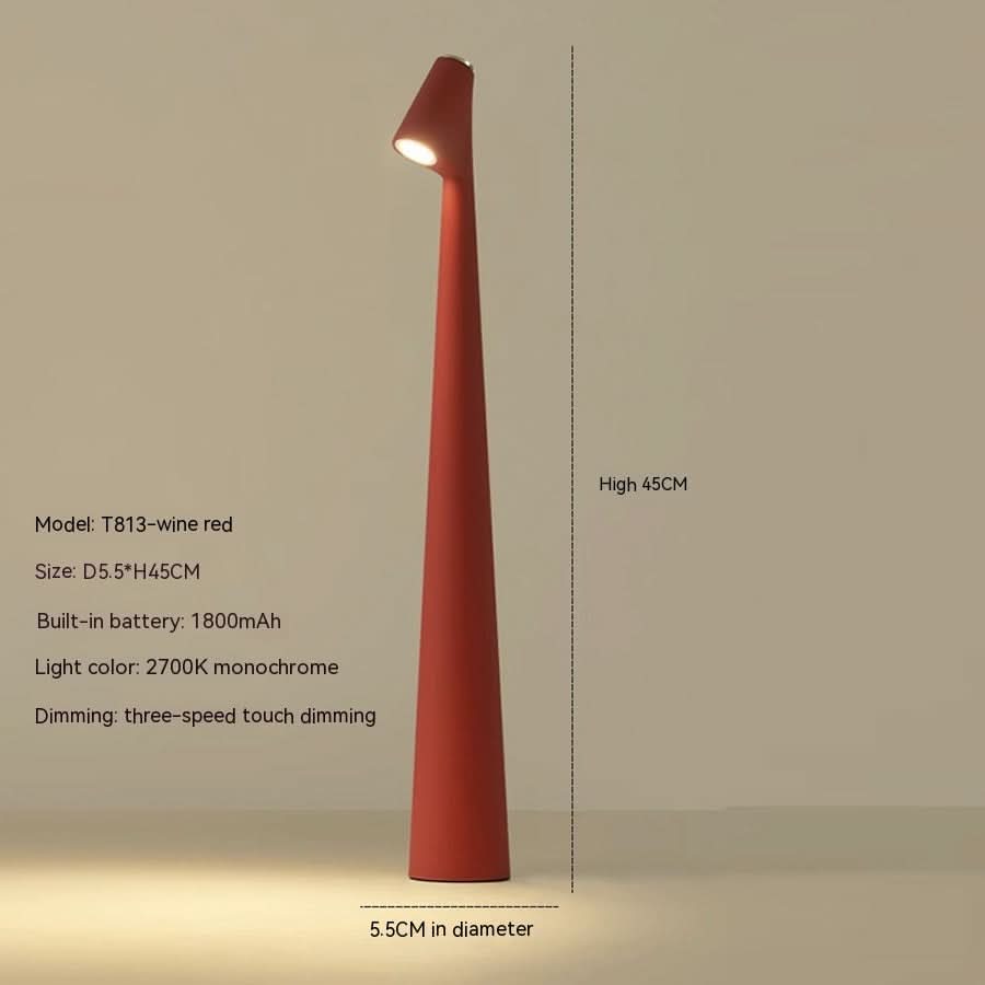 Red cordless table lamp shown with dimension lines and a specification list.
