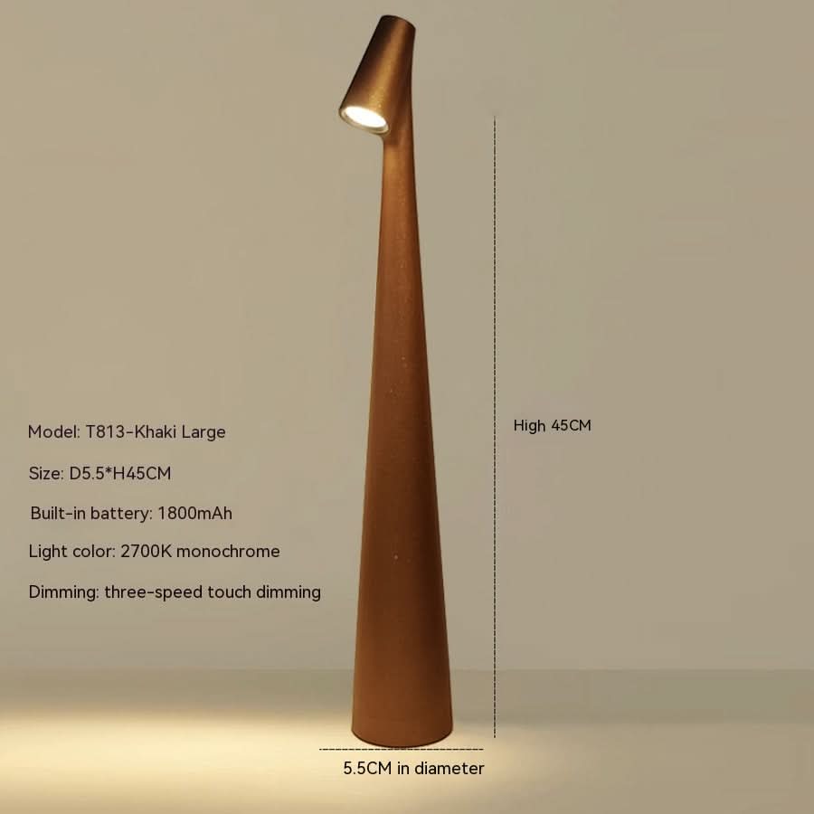 Red cordless table lamp shown with dimension lines and a specification list.