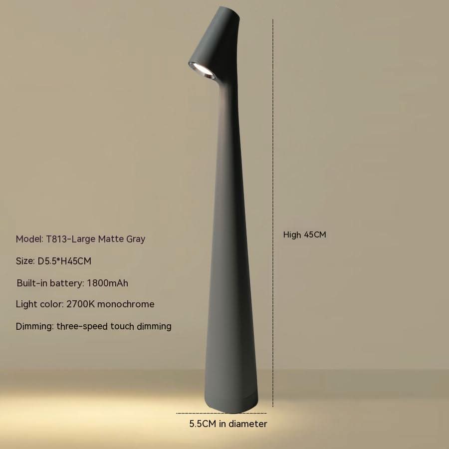 Red cordless table lamp shown with dimension lines and a specification list.