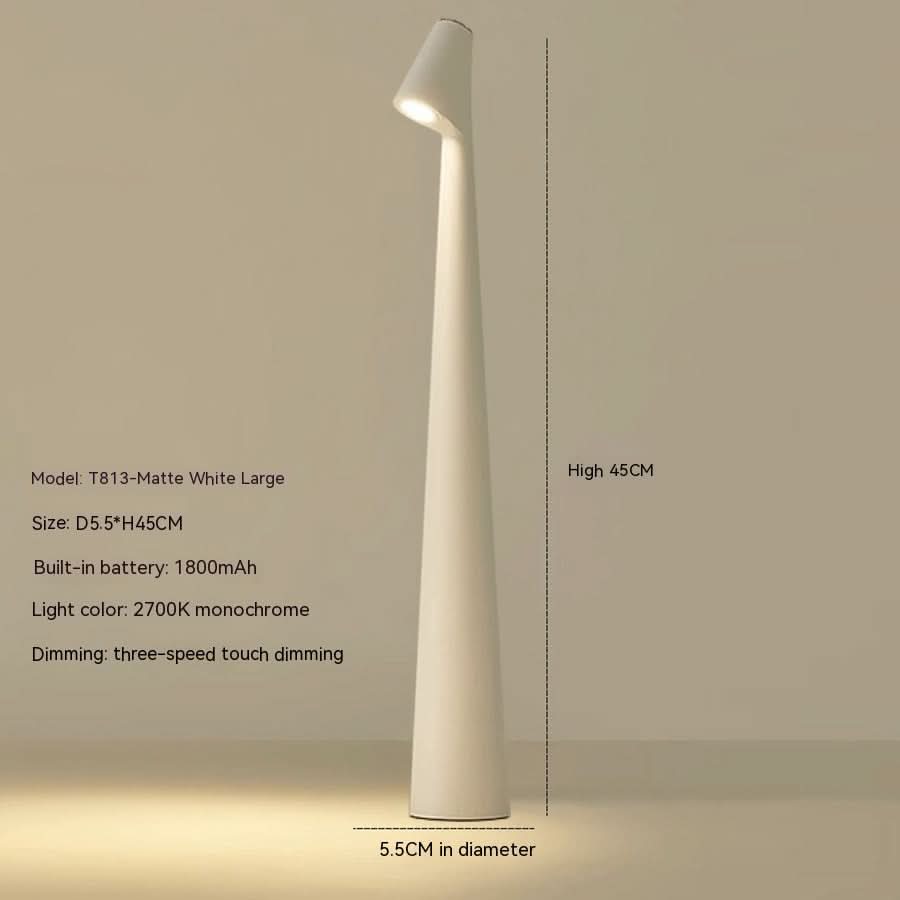 Red cordless table lamp shown with dimension lines and a specification list.