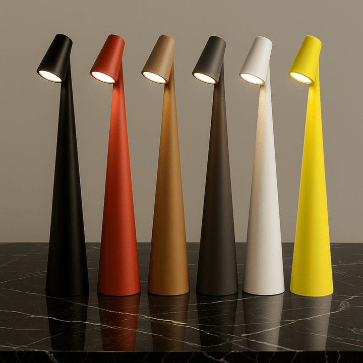 Six red cordless table lamps shown together in another view.