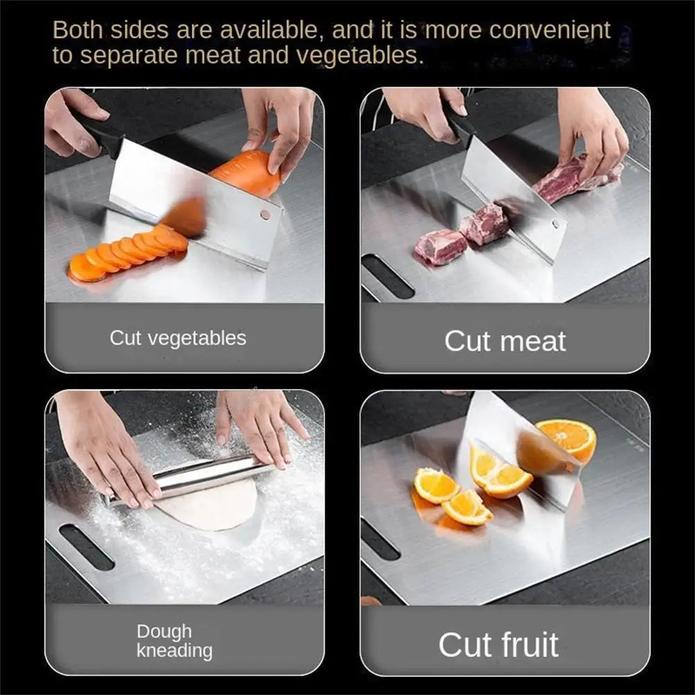 Brushed metal chopping board another view in a four-panel collage with vegetables, meat, dough and fruit.