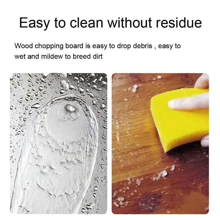 Comparison of a clean metal surface and a stained wooden board being scrubbed.