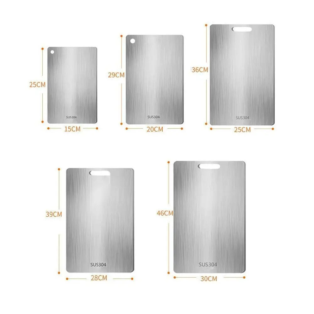 Size chart of five brushed metal boards in increasing sizes with dimension lines in centimeters.