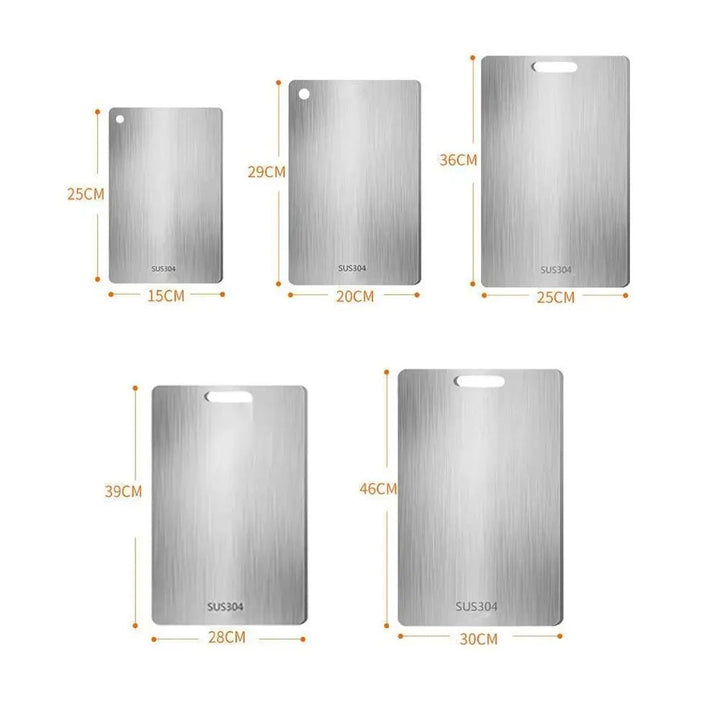 Size chart of five brushed metal boards in increasing sizes with dimension lines in centimeters.