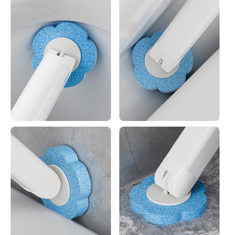 Disposable Toilet Brush detail showing four close-ups of the blue sponge head scrubbing inside a toilet.