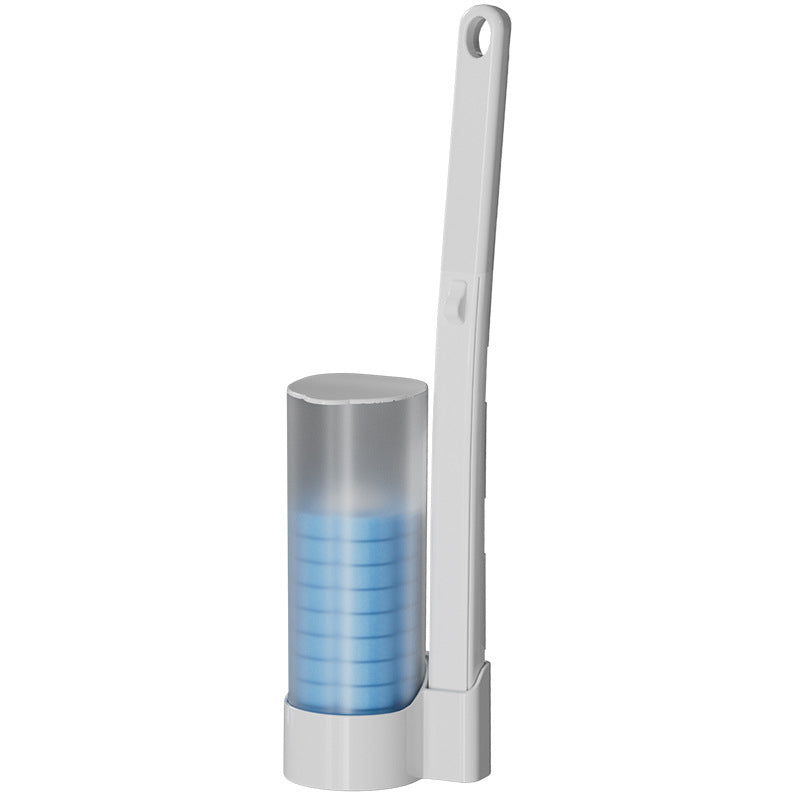 Disposable Toilet Brush with a handle and blue sponge heads on a white background.