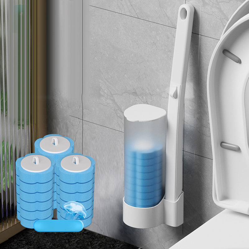 Disposable Toilet Brush set with blue sponge heads and blue refill heads beside a cleaning tablet.