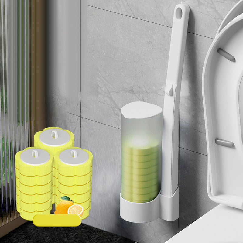Disposable Toilet Brush set with yellow sponge heads and yellow refill heads beside a lemon.