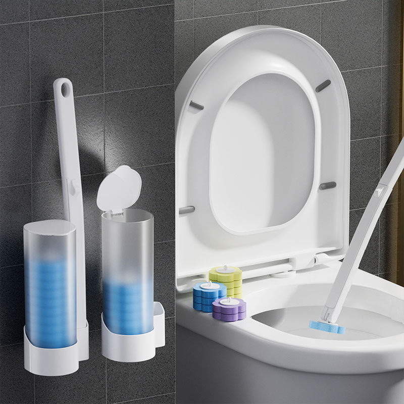 Disposable Toilet Brush with blue sponge heads and a white handle beside a toilet.