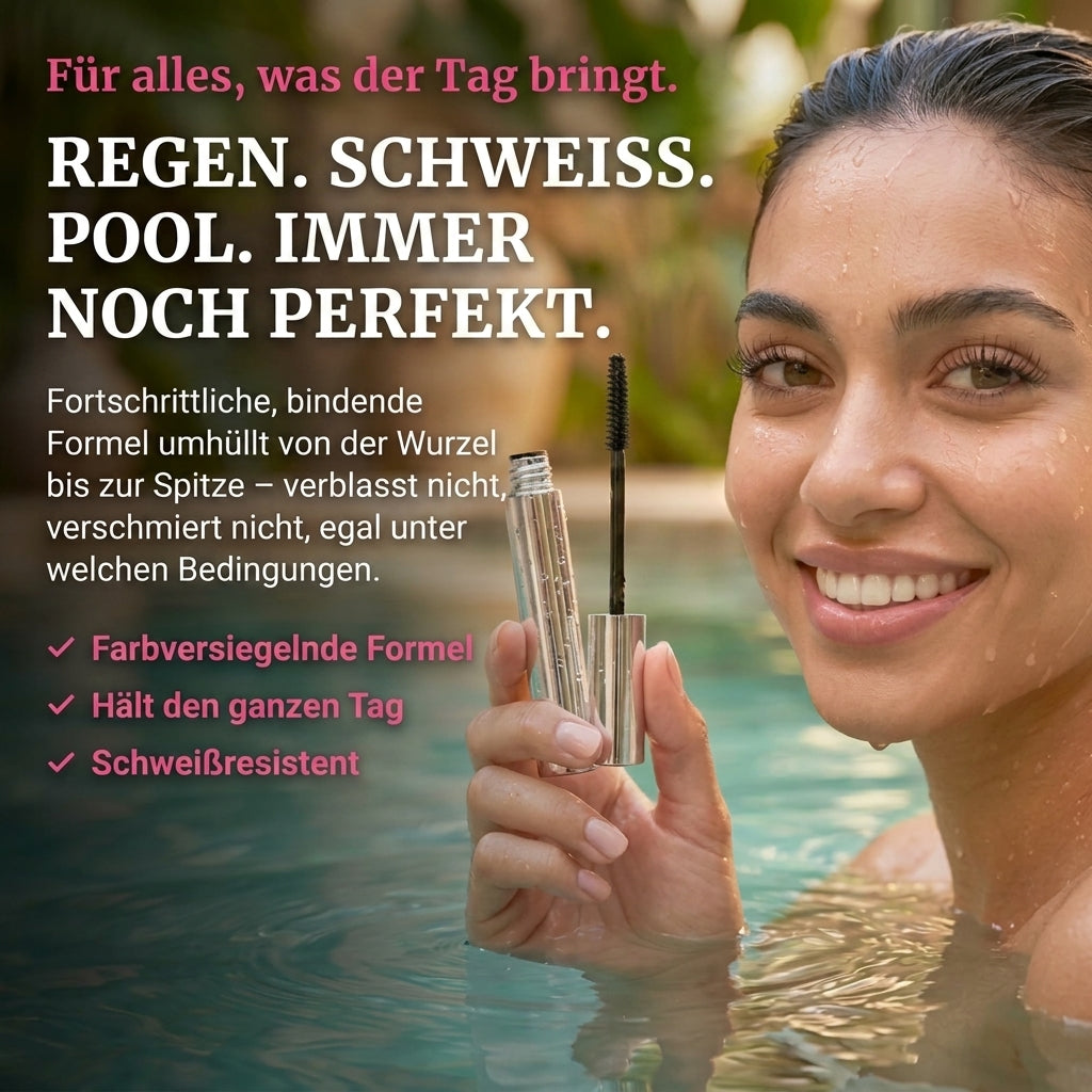 Smiling woman with water droplets on her face in a pool holds up a silver mascara tube and wand, showing water resistance. 4