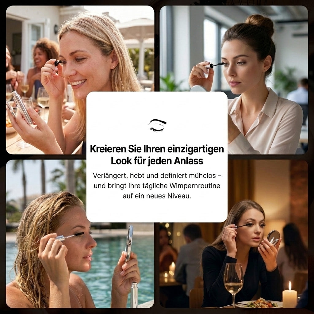 Four-panel collage of women applying mascara in different settings: a patio party, an office, beside a pool and at a candlelit dinner. 7